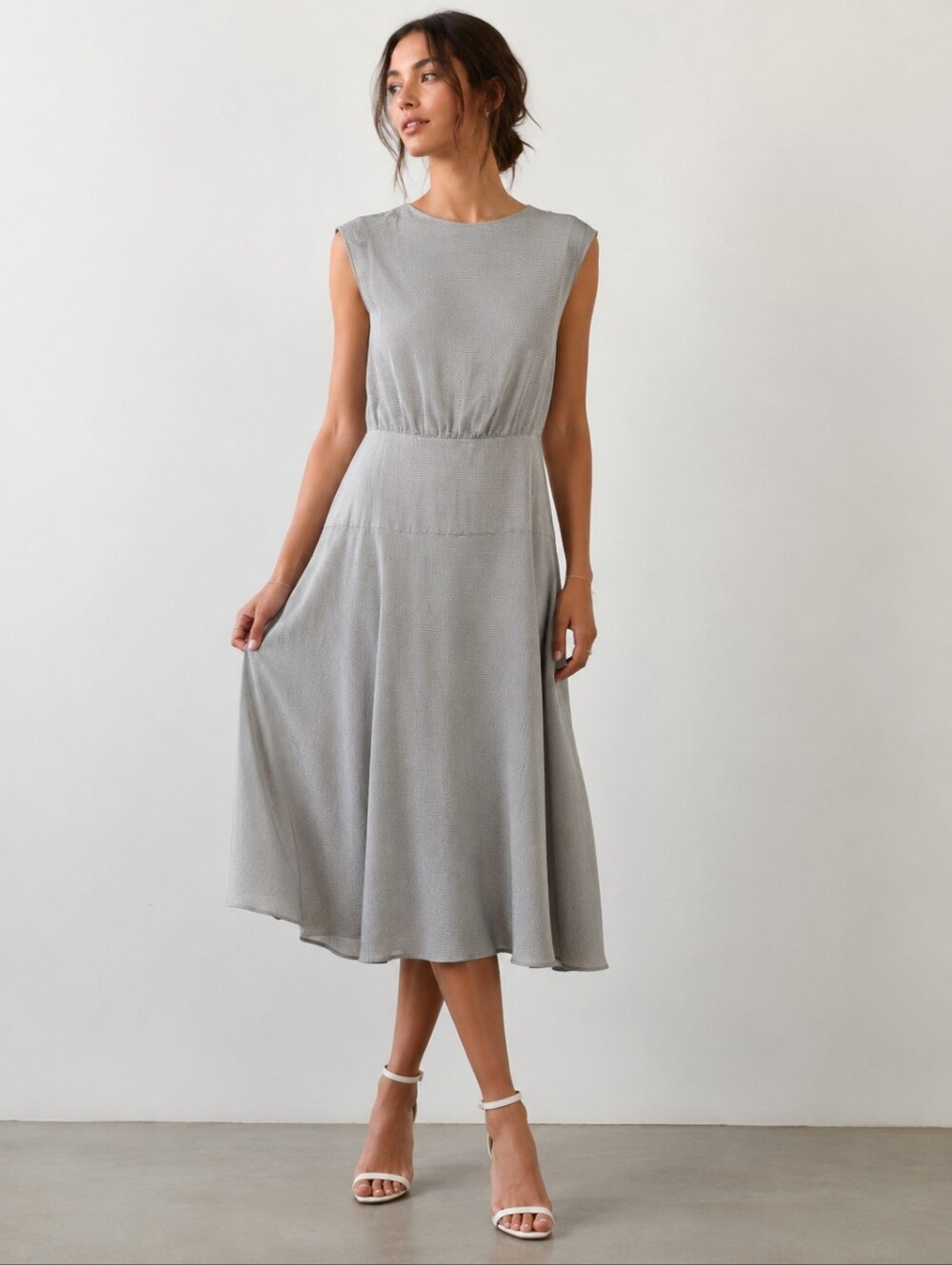 ICICLE 100% Mulberry Silk Open Back Midi Dress Gray Stripe Size 6 Minimalist Lux